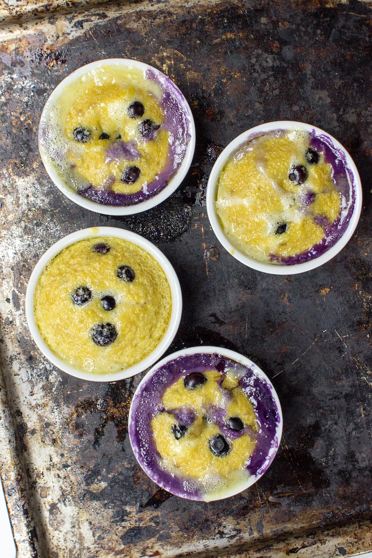 A baking tray with four ramekins filled with baked blueberry desserts, featuring golden tops and visible blueberry filling.