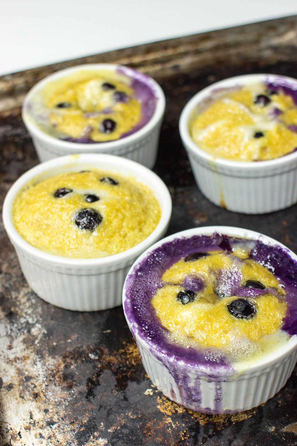 Four ramekins filled with baked blueberry desserts, with golden tops and blueberry juice visible on the surface.