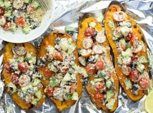 Baked Sweet Potatoes with a Five Star Feta Salad #sweetpotatoes #baked #feta | 