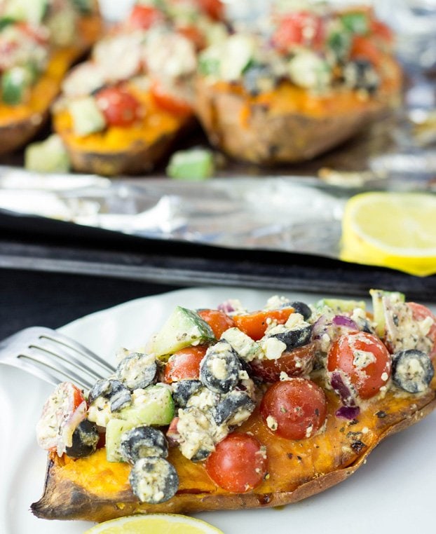Baked Sweet Potatoes with a Five Star Feta Salad #sweetpotatoes #baked #feta | 