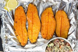 Baked Sweet Potatoes with a Five Star Feta Salad #sweetpotatoes #baked #feta | 