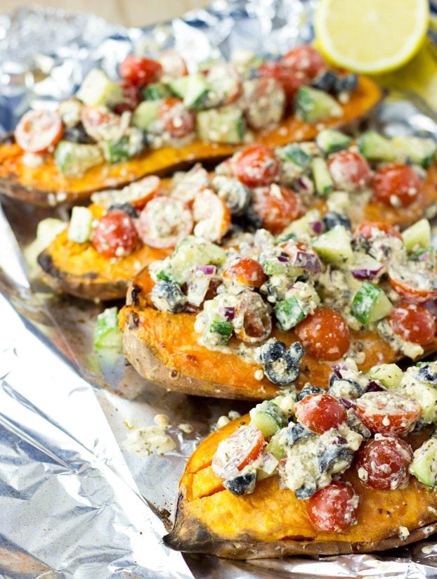 Baked Sweet Potatoes with a Five Star Feta Salad #sweetpotatoes #baked #feta | 