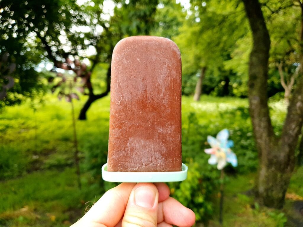 Chocolate banana popsicle in a hand