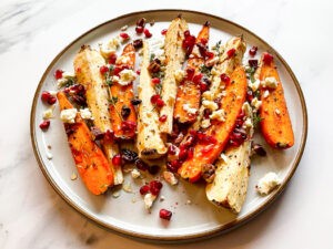 The dish is ready on the plate on the white table #pecans #rosemary | 