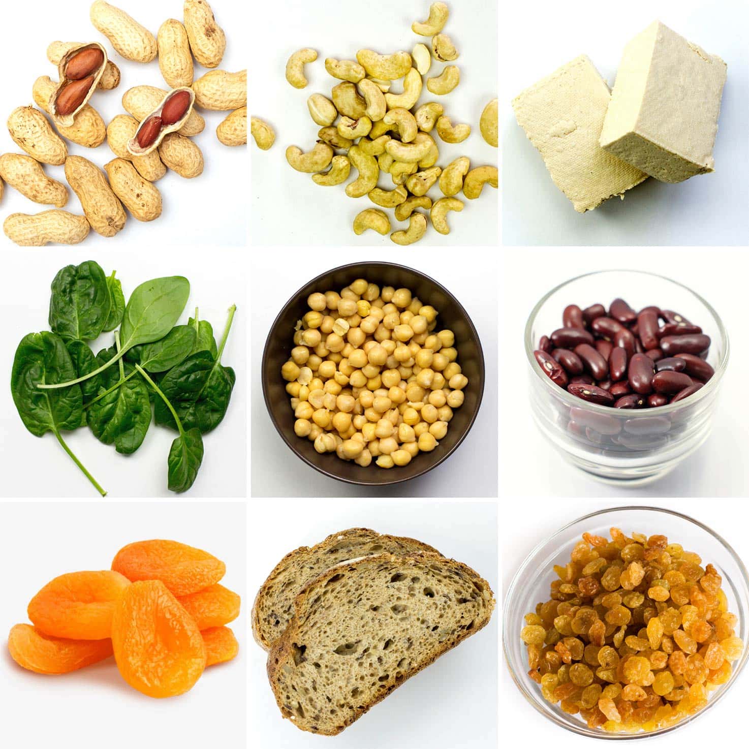 Vegetarian sources of Iron: chickpeas, kidney beans, peanuts, tofu, raisins, bread | 