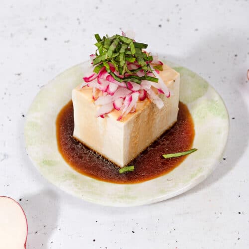 Japanese silken tofu with radish and basil recipe card image | Hurry The Food Up