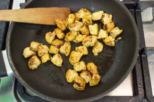 The process of roasting veggie ‘meat’ for the vegetarian coronation chicken in the pan | Hurry The Food Up