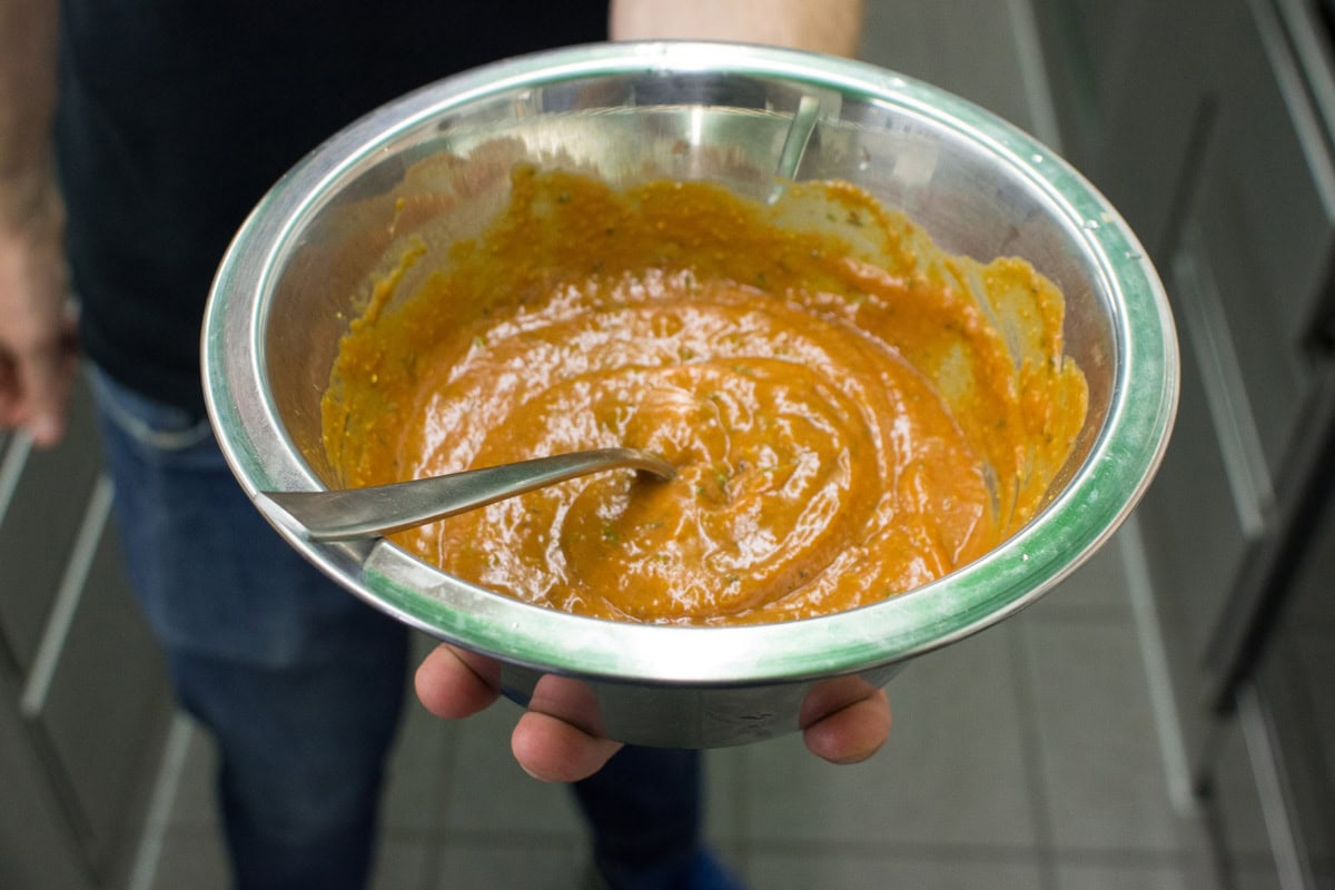 The metal bowl with sauce for vegetarian coronation chicken | Hurry The Food Up