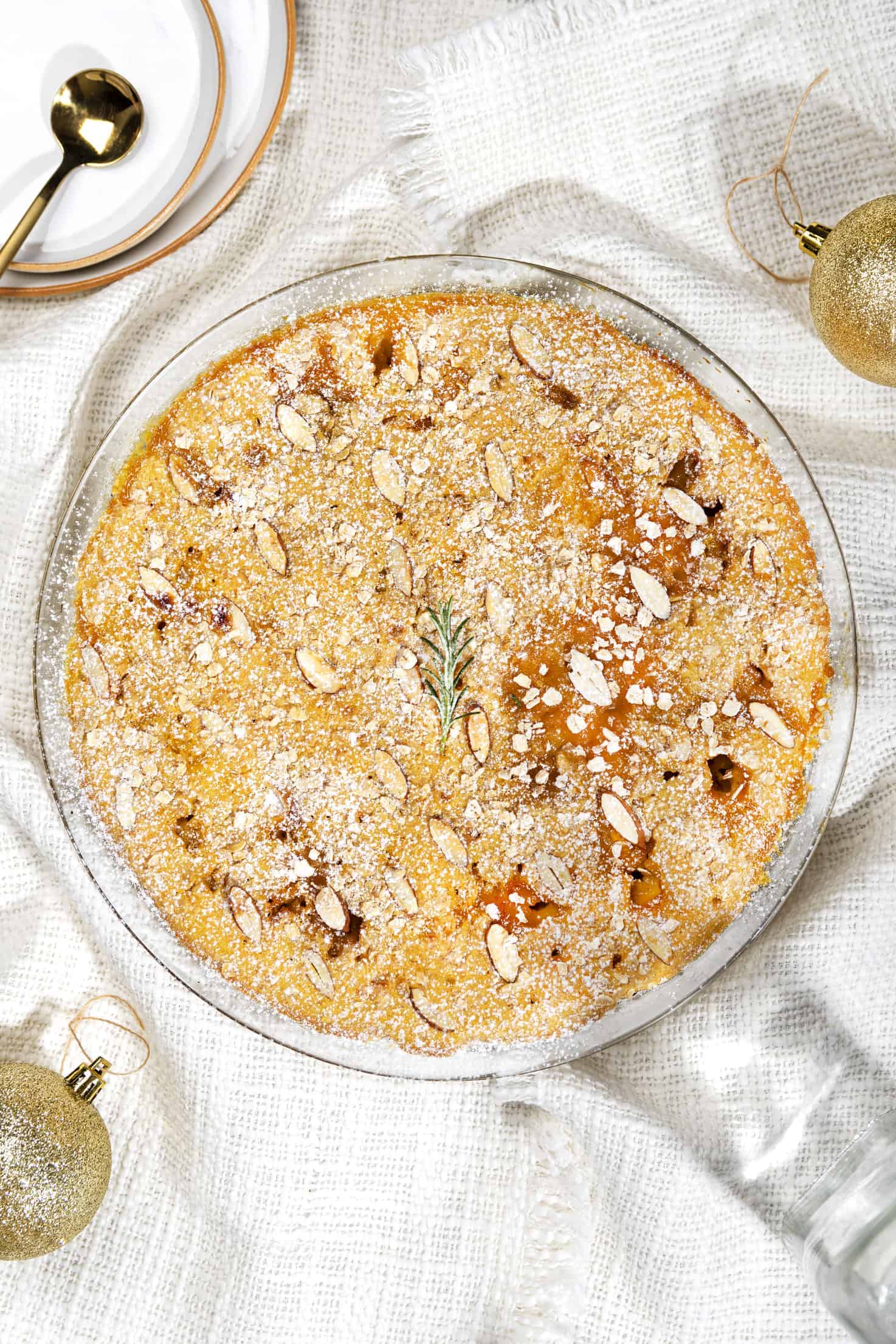 A birds eye view of the apple breakfast bake served in a glass tray. | Hurry The Food Up