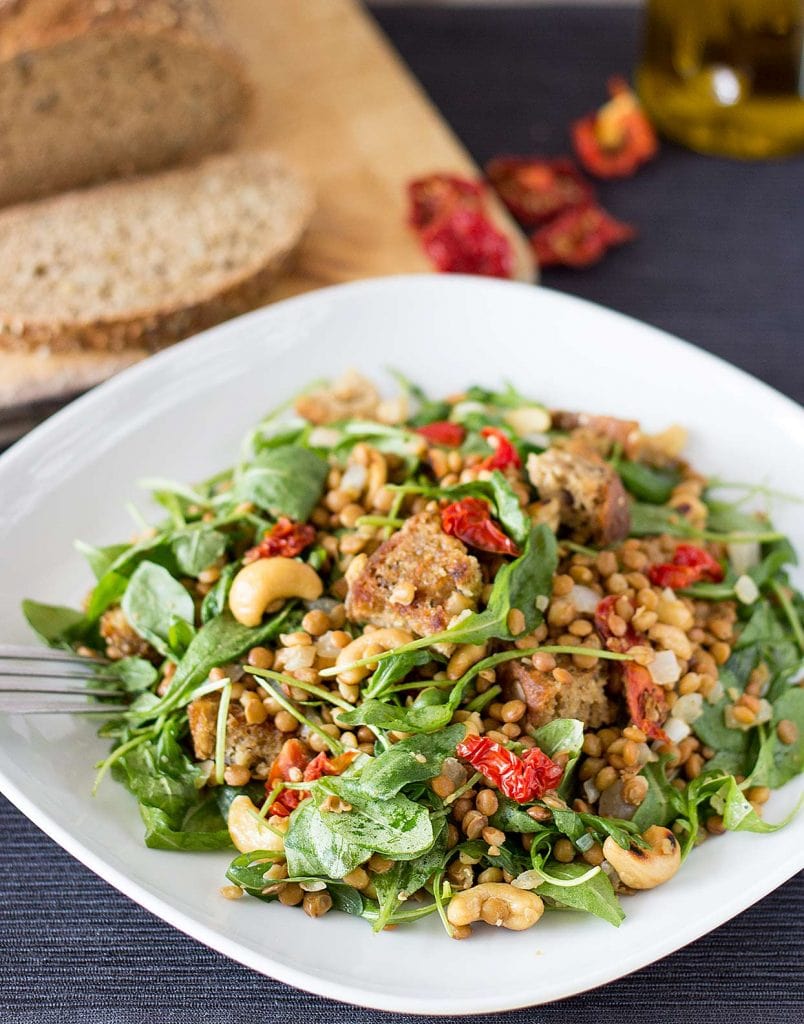 Arugula lentil salad is served | 