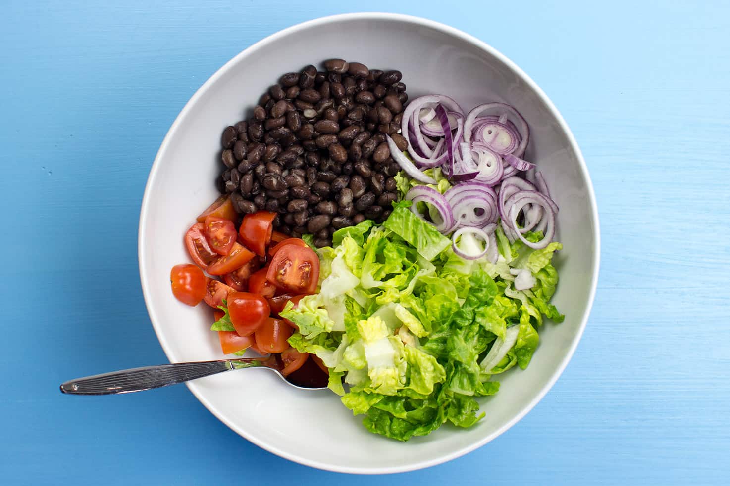 The salad ingredient in a bowl: beans, tomatoes, romano salad and red onion | Hurry The food Up
