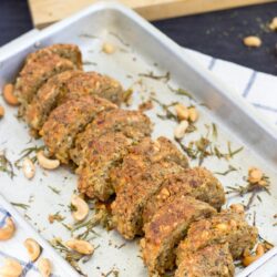 A roll of nut roast in a tray, already sliced up | Hurry The Food Up