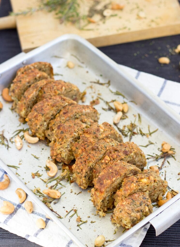 A roll of nut roast in a tray, already sliced up | Hurry The Food Up