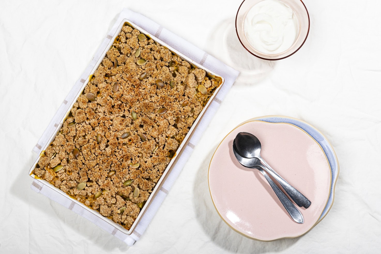 The breakfast crisp is ready to be served on two plates. | Hurry The Food Up