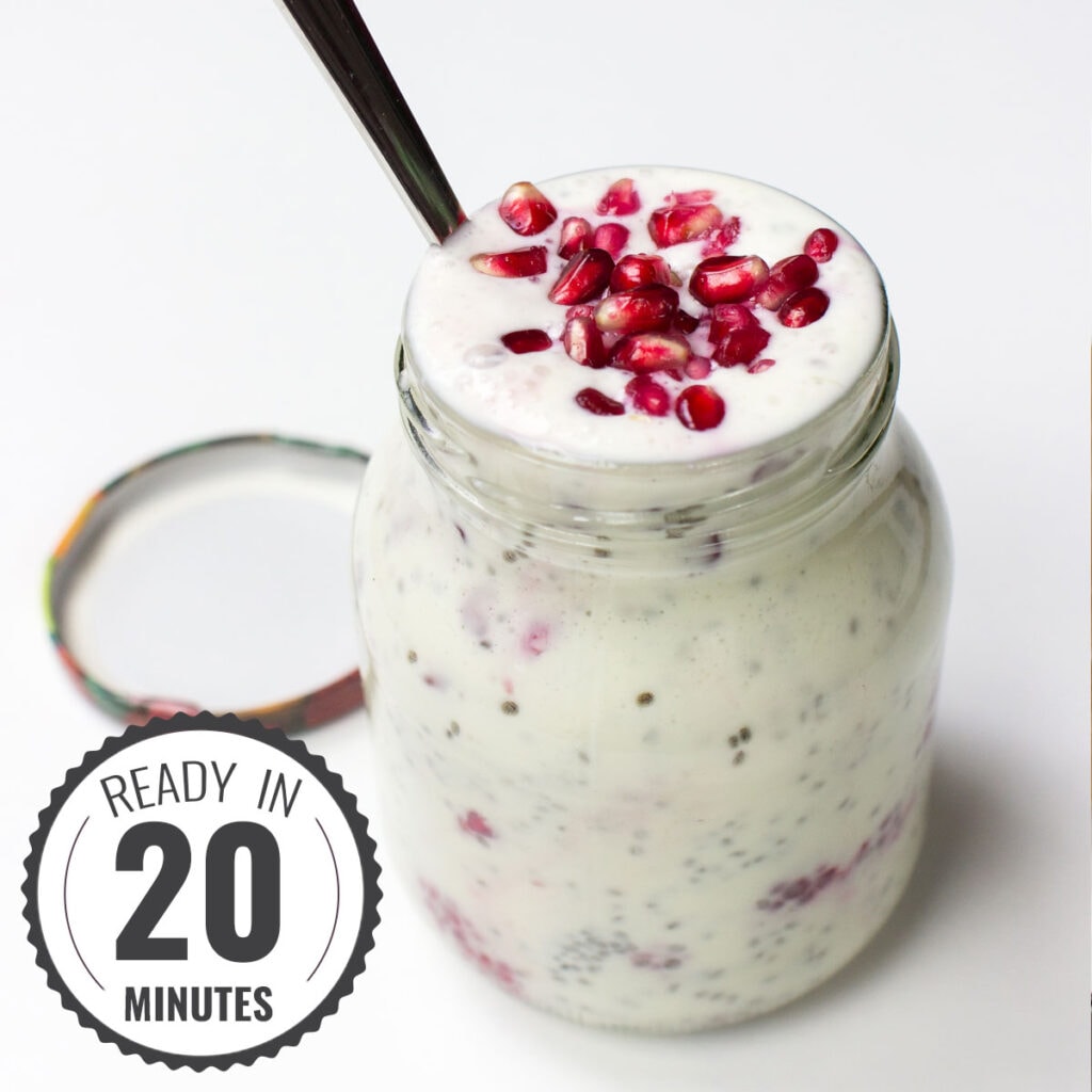 Chia Yoghurt Bowl with Pomegranate & Raspberries (Vegan Option)