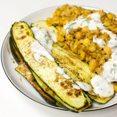 A plate of Fried Chickpeas with Zucchini (Courgette) and Yoghurt