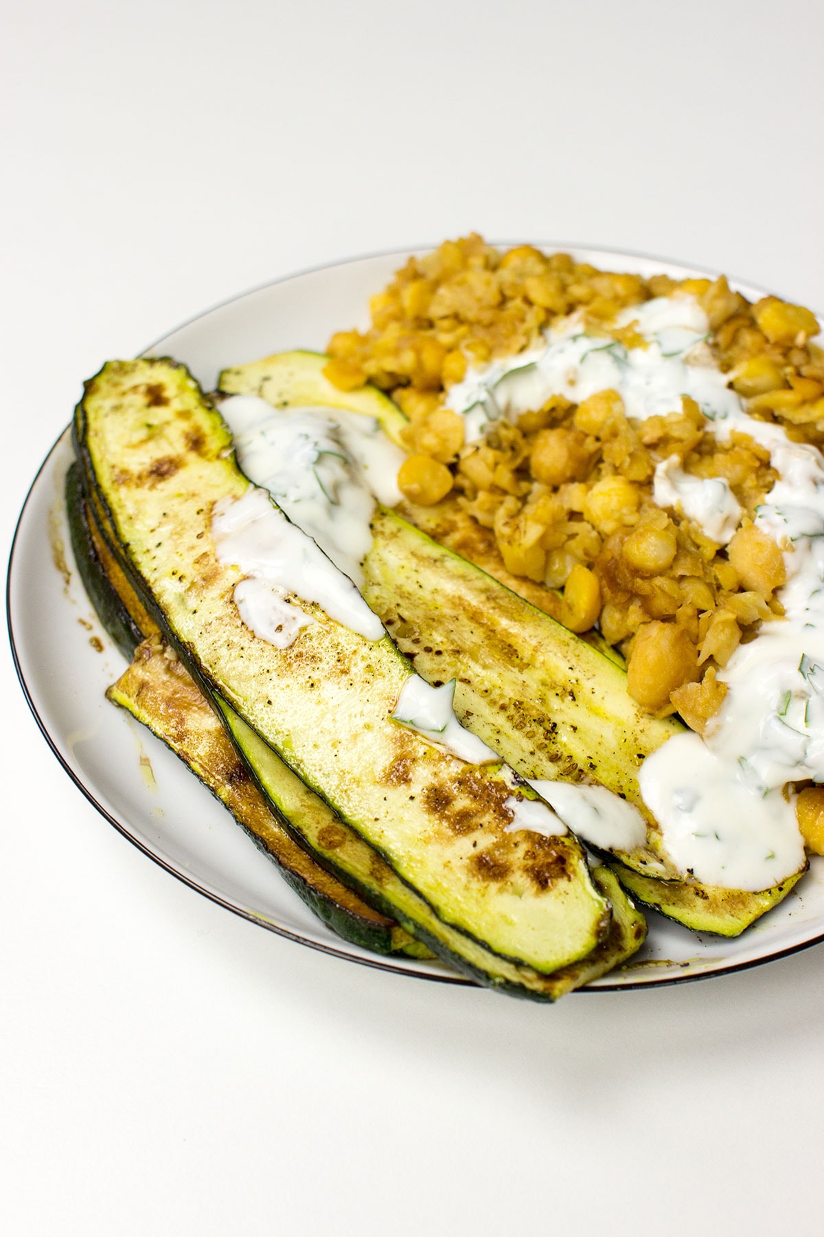 A plate of Fried Chickpeas with Zucchini (Courgette) and Yoghurt