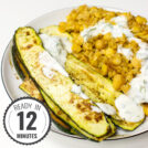 A plate of Fried Chickpeas with Zucchini (Courgette) and Yoghurt with a timestamp in the left corner.