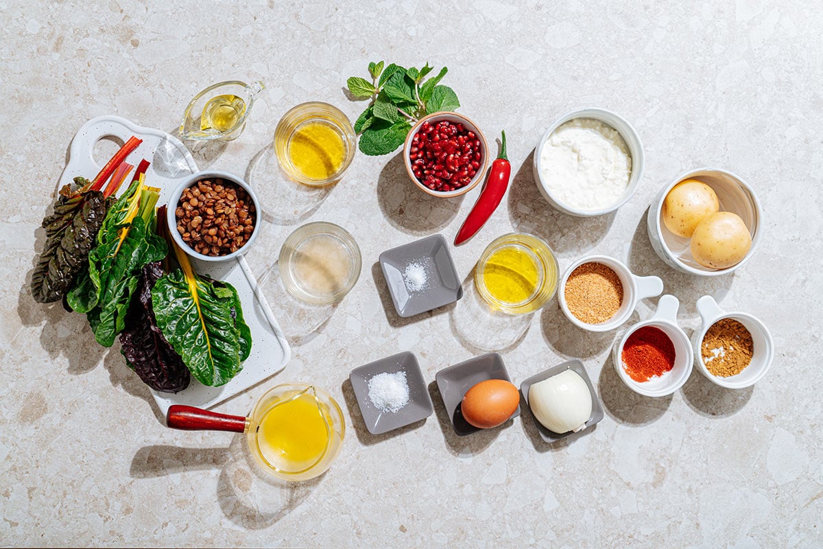 Cottage Cheese Fritters ingredients like cottage cheese, potatoes, breadcrumbs, egg, oil, paprika, pomegranate, honey, lentils etc | Hurry The Food Up