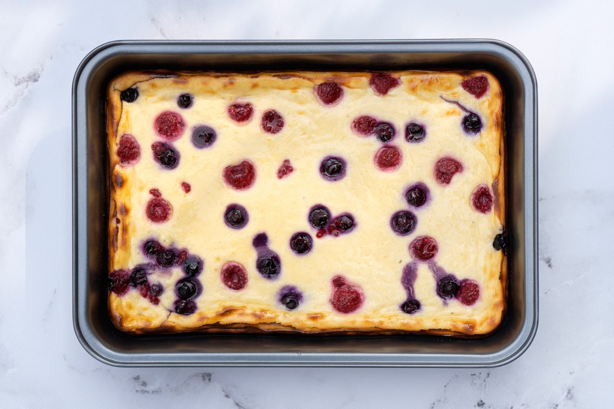 Cottage cheesecake is on the baking sheet after baking | Hurry The Food Up