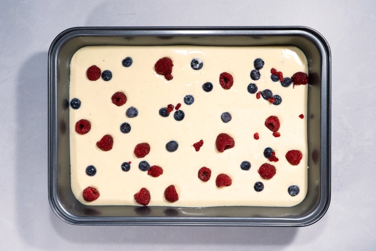Cottage cheesecake is in the baking sheet before baking | Hurry The Food Up