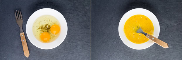 The process of beating the raw eggs in a small bowl | Hurry The Food Up