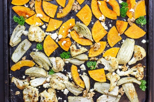 Roasted cauliflower, fennel and butternut squash are ready on the baking tray | Hurry The Food Up