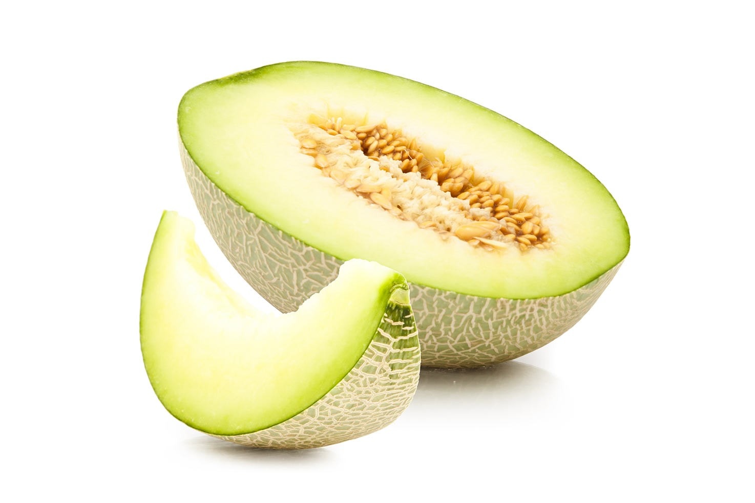Half of a melon and one slice on a white background | Hurry The Food Up