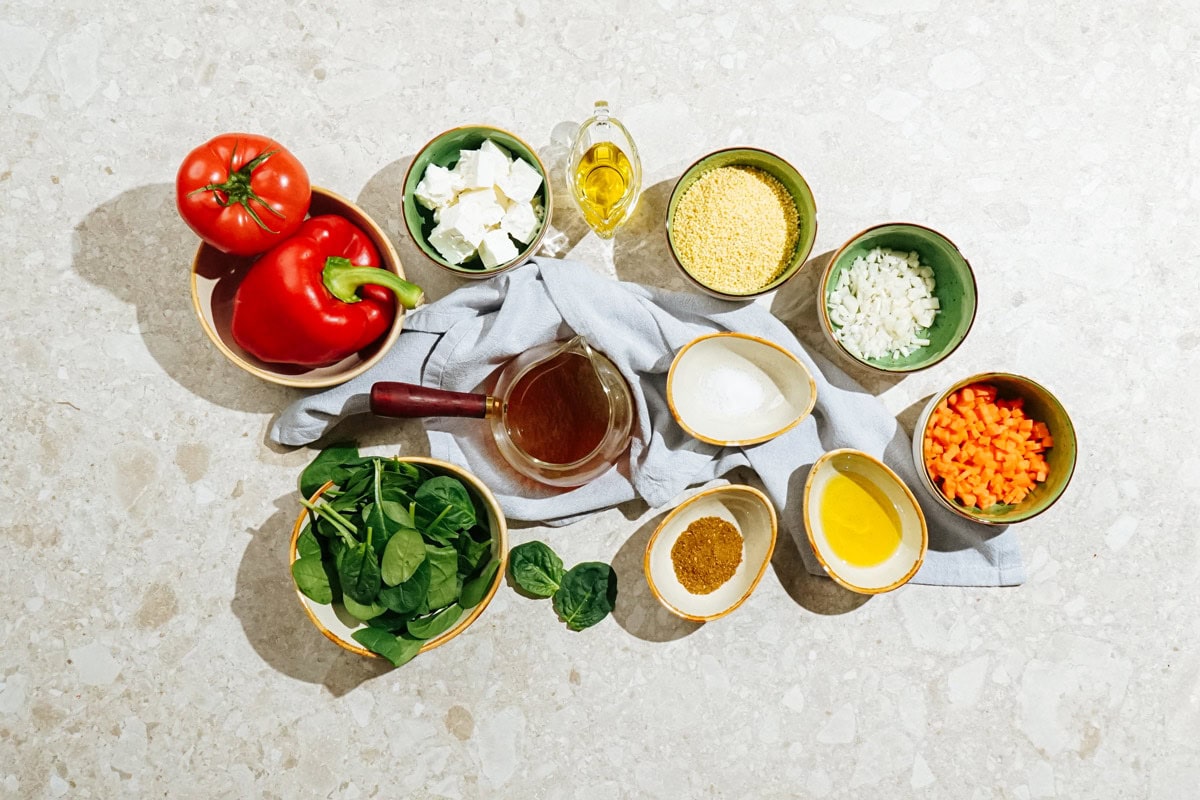 Easy high-protein millet pilaf ingredients like millet, bell pepper, tomato, feta, carrot, olive oil, spinach etc | Hurry The Food Up