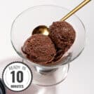 Three scoops of silken tofu ice cream with a golden spoon are in the dessert cup that is staying on the white table with a time stamp in the bottom left hand corner | Hurry The Food Up