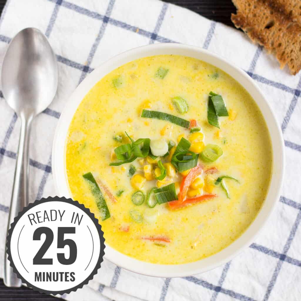 25 Minute Vegetarian Spicy Corn Chowder (21g protein per serving)