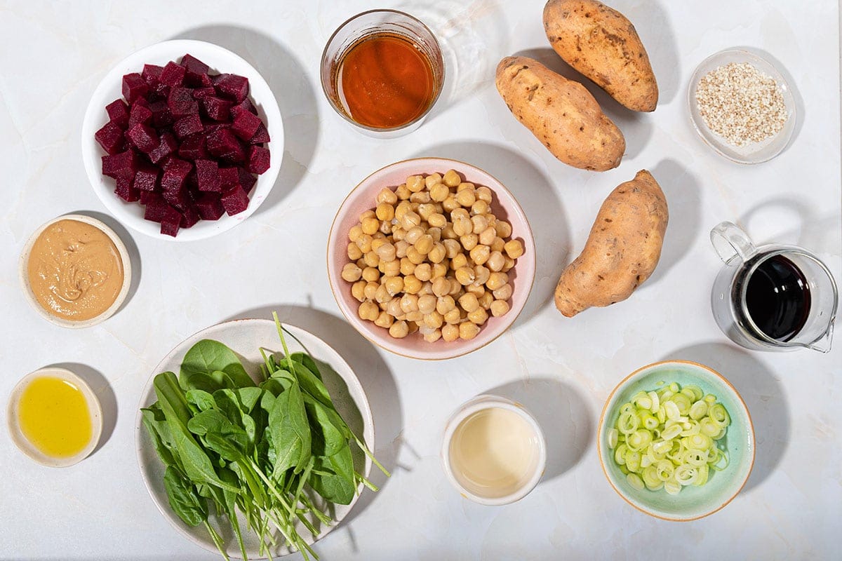 Roasted Sweet Potato and Beetroot Salad ingredients like sweet potato, olive oil, beetroot, spring onions, baby spinach, chickpeas, lemon juice, soy sauce etc. | Hurry The Food Up