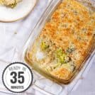 The cooked broccoli casserole is served in a casserole dish with a time stamp in the bottom left hand corner. | Hurry The Food Up