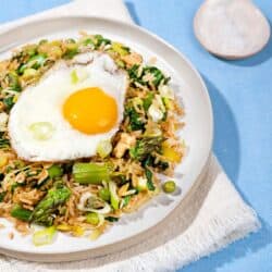 A plate of fried rice with a fried egg on top, a tray of salt next to it & a cup of spring onions | Hurry The Food Up