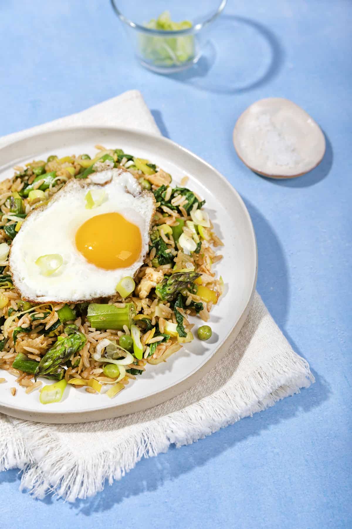 A plate of fried rice with a fried egg on top, a tray of salt next to it & a cup of spring onions | Hurry The Food Up